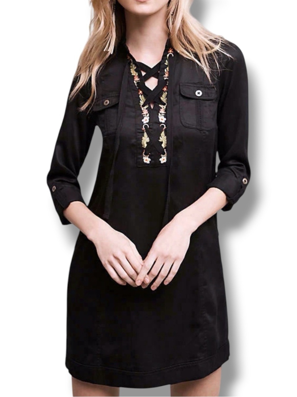 Holding Horses x Anthropologie EUC Black Embroidered Lace-Up Tunic Dress 12P